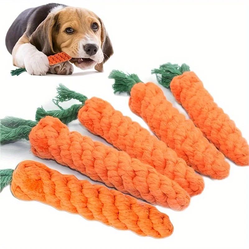 puppy playing with carrot rope toy